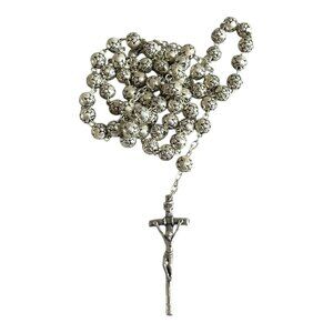 Silver Tone Catholic Rosary Necklace Prayer Beads Filigree Crucifix Cross New